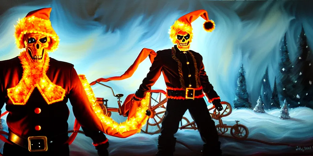 Image similar to ghost rider santa claus have time traveled to warn you from something, dramatic lighting, oil painting