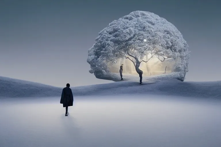 Image similar to a person walking across a snow covered field, landscape inspired by salvador dali, a matte painting by li shida, cgsociety, context art, redshift, matte painting, reimagined by industrial light and magic