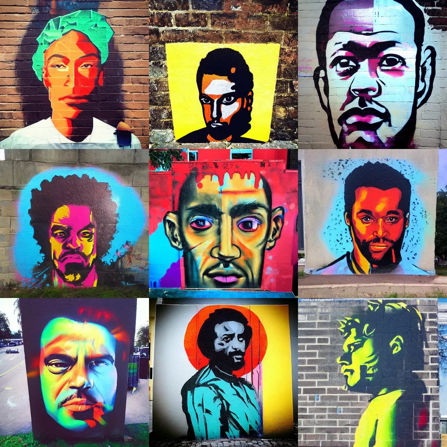 Prompt: “Spray paint stencil portrait of Dyonis on the city wall, amateurish and colorful, but very good looking”