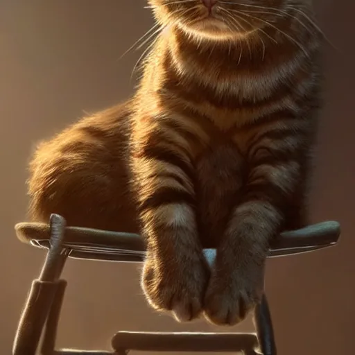 Prompt: cat sitting in a chair, painting, by greg rutkowski and igor kieryluk, photo realistic, dynamic lighting, artstation, poster, volumetric lighting, very detailed face, 8 k, award winning