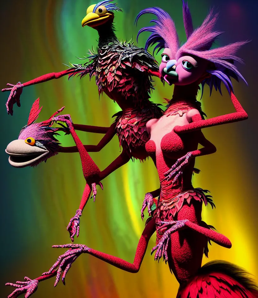 Image similar to hyper detailed 3d render like a Oil painting - kawaii portrait of hopeful lovers hugging tight or kissing pecking adorably Aurora (a beautiful girl skeksis muppet fae princess protective playful expressive acrobatic from dark crystal that looks like Anya Taylor-Joy) seen red carpet photoshoot in UVIVF posing in scaly dress to Eat of the Strangling network of yellowcake aerochrome and milky Fruit and His delicate Hands hold of gossamer polyp blossoms bring iridescent fungal flowers whose spores black the foolish stars by Jacek Yerka, Ilya Kuvshinov, Mariusz Lewandowski, Houdini algorithmic generative render, golen ratio, Abstract brush strokes, Masterpiece, Edward Hopper and James Gilleard, Zdzislaw Beksinski, Mark Ryden, Wolfgang Lettl, hints of Yayoi Kasuma and Dr. Seuss, Grant Wood, octane render, 8k