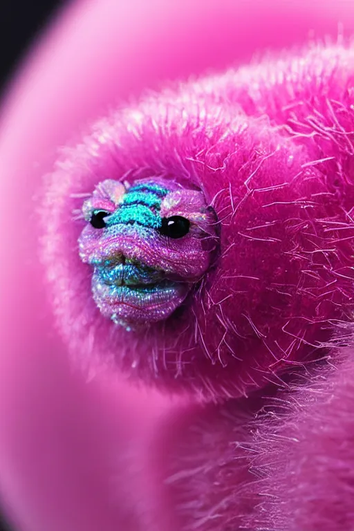 Image similar to high quality close-up photo pearlescent fluffy caterpillar! gorgeous highly detailed hannah yata elson peter cinematic pink lighting high quality low angle hd 8k sharp shallow depth of field