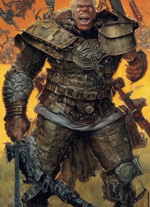 Image similar to full body portrait of ron perlman as towering warrior, dynamic action, by norman rockwell and jesper ejsing and tom lovell and frank schoonover