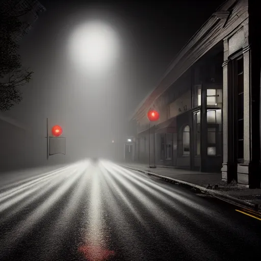 Image similar to A stunningly beautiful award-winning 8K high angle cinematic movie photograph of a dark foggy main intersection in an abandoned 1950s small town at night, by Edward Hopper and David Fincher and Darius Khonji, cinematic lighting, perfect composition, moody low key volumetric light. Color palette from Seven, greens yellows and reds. 2 point perspective, from 15 feet off the ground