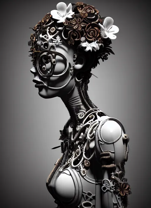 Image similar to monochrome 3 d model, steampunk biomechanical beautiful young female cyborg with porcelain profile face and a big floral eye, volumetric light, leaves foliage and stems, hibiscus flowers, boho floral vines, sinuous fine roots, fine foliage lace, alexander mcqueen, rim light, big gothic fashion pearl embroidered collar, octane render, 8 k