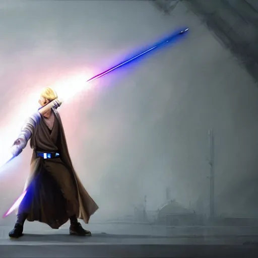 Image similar to full body Over-the-Shoulder Shot of a young blonde male jedi with short hair holding a lightsaber concept art by Doug Chiang cinematic concept art, realistic painting, high definition, digital art, matte painting, symmetrical, very detailed, realistic, dramatic lighting, cinematic, establishing shot, extremely high detail, photo realistic, cinematic lighting, post processed, concept art, artstation, matte painting, red color scheme, the Mandalorian concept art style