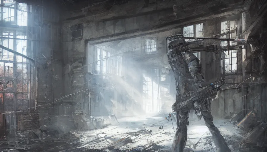 Image similar to fps view with rifle of an abandoned warehouse with cobwebs, light through broken windows, hyperdetailed, artstation, cgsociety, 8 k