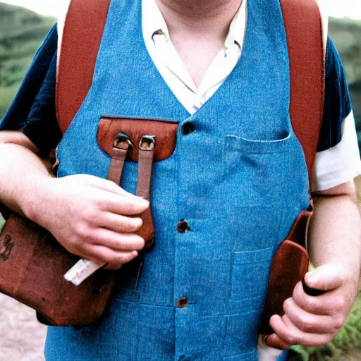 Prompt: close up headshot of a frowning clean shaven pudgy British lad with short curly dark brown hair as a hobbit wearing a white men's crossbody sling chest bag and blue vest, blue vest!! white crossbody chestbag!! high resolution film still, by Jeff Bark