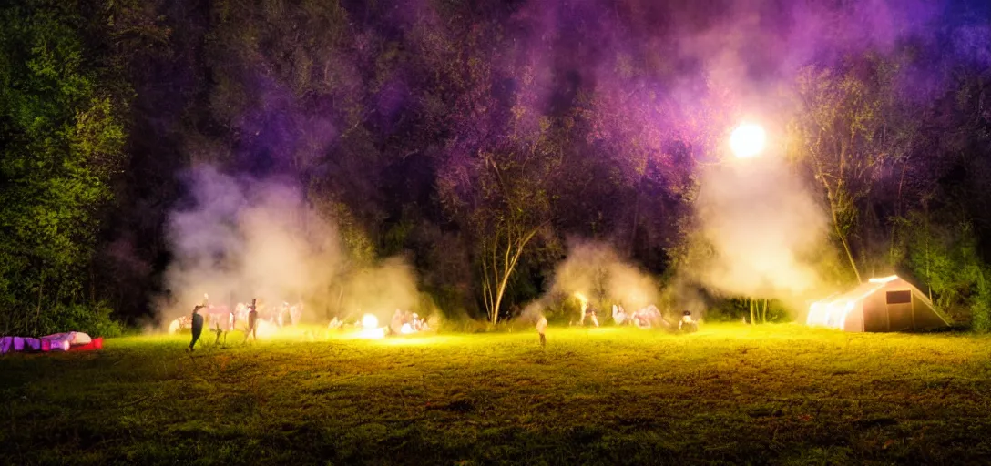 Prompt: rave party in the woods behind a farm, uhd, smoke, colorful, night, 8k, photo,