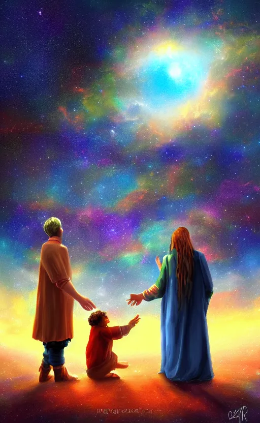 Image similar to Meeting God in the universe, digital art, trending on art station