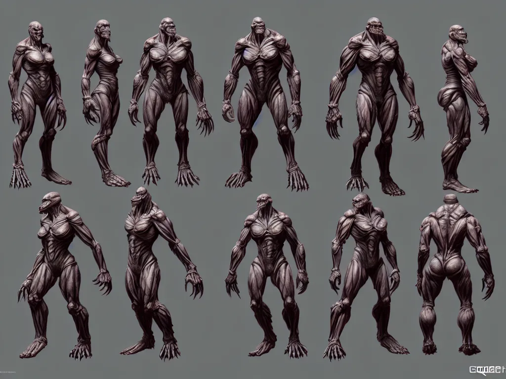 Prompt: game concept art sprite sheet, quake monster concept art, muscular, exoskeleton, hyperrealism, fine detail, 8 k, 3 d render, artgerm, artstation contest winner, cgsociety, cryengine, zbrush, vray, no background