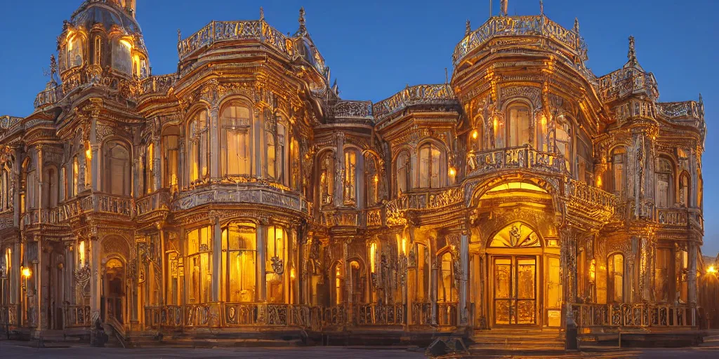 Image similar to extremely detailed ornate stunning sophisticated beautiful elegant victorian museum exterior by Henry Young Darracott Scott and Francis Fowke, stunning volumetric light, stainless steal, concrete, translucent material, beautiful sunset, tail lights