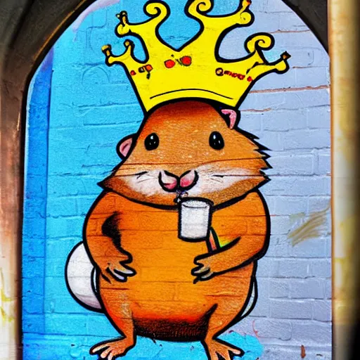 Image similar to a graffiti of a hamster wearing a golden crown and holding a glas of wine, by swiftmantis