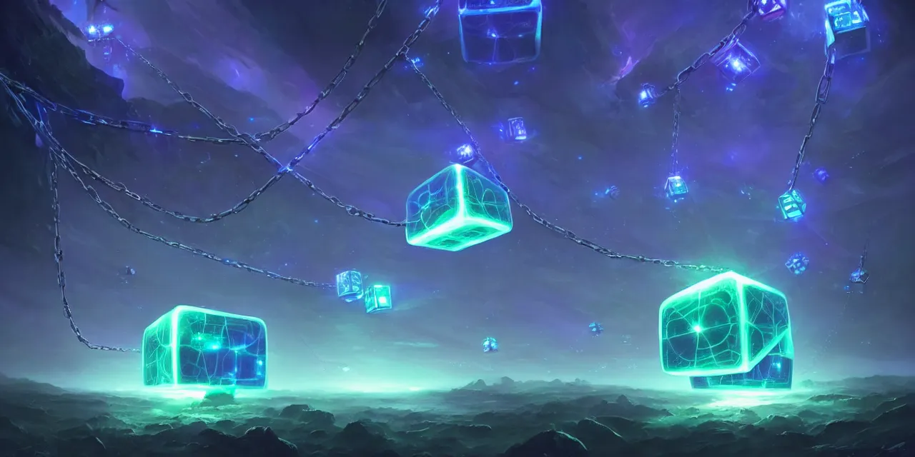 Image similar to a fleet of giant glowing futuristic cubes tied to each other with lots of glowing chains in the sky, thick glowing chains, light rays bouncing between cubes, a fantasy magical landscape seen in the distance, atmospheric lighting, intricate, volumetric lighting, beautiful, sharp focus, ultra detailed, in the art style of marc simonetti, bowater charlie and brom gerald, astrophotography