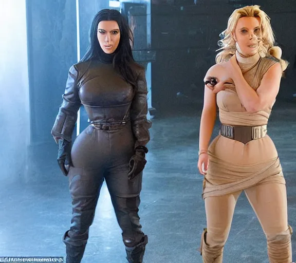 Prompt: a movie still of kim kardashian and britney spears as a prisoner in the movie star wars