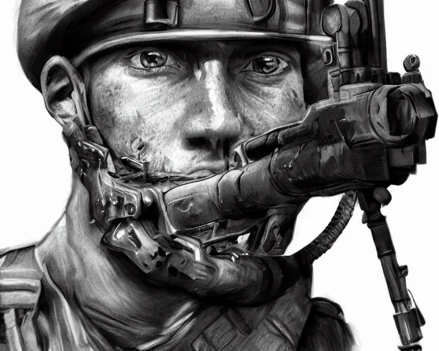 Image similar to A soldier with a hateful face aiming a machine gun at a cat, world war 1, close-up, realistic face, beautiful face detail, mature facial features, black and white, amazing digital art, hyper detailed, artstation, in the style of Tony Sart