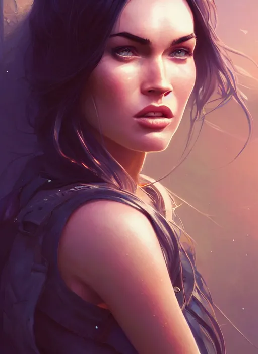 Image similar to Highly detailed portrait of Megan Fox, Stephen Bliss, unreal engine, fantasy art by Greg Rutkowski, Loish, Rhads, Makoto Shinkai and Lois van baarle, ilya kuvshinov, rossdraws, Tom Bagshaw, global illumination, radiant light, detailed and intricate environment