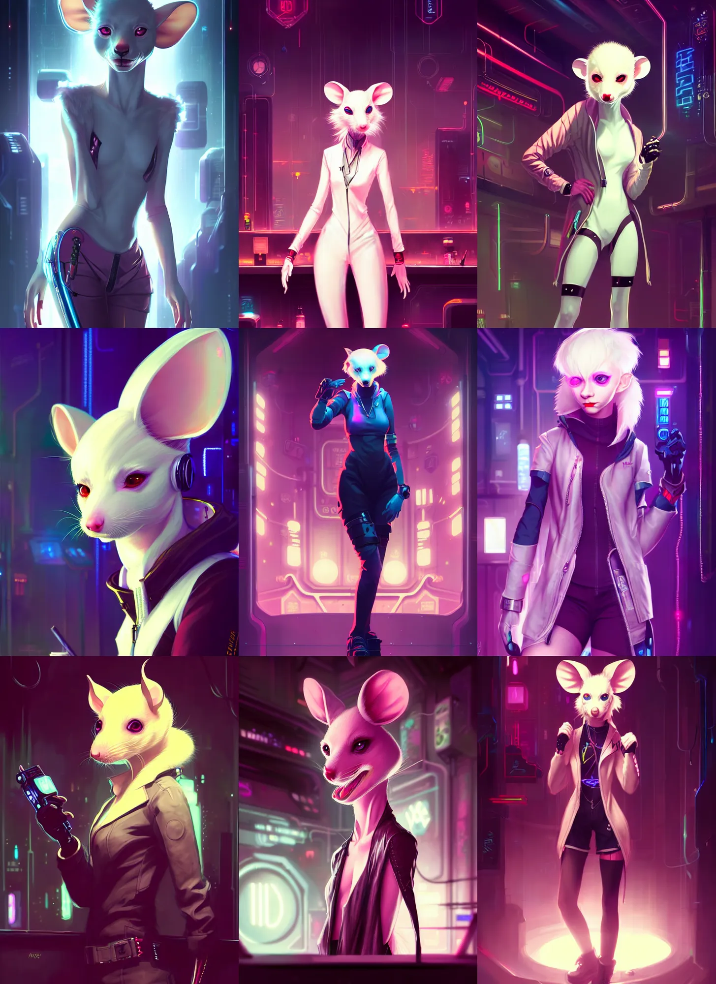 Prompt: beautiful portrait of a female anthropomorphic albino mouse fursona wearing cyberpunk clothes in a cyberpunk club. character design by disney, charlie bowater, ross tran, artgerm, and makoto shinkai, detailed, soft lighting, rendered in octane
