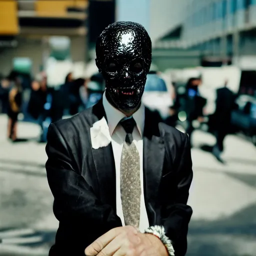 Image similar to sharp portrait of a man in a suit with a face made of black shiny leather standing in los angeles, blured zombies on a background, bokeh, detailed, film photography, kodak portra 4 0 0, mamiya,