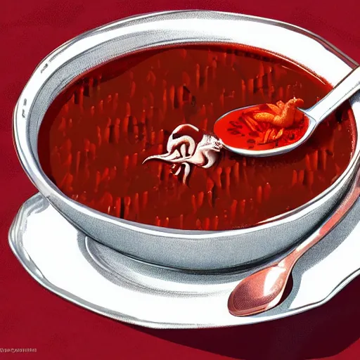 Image similar to Dragon eating russian borsch soup on the Red Square, digital art