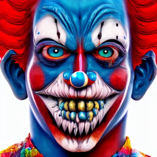 Prompt: 4K headshot of godlike clown with blue skin defined arms and open hands and bloody clothes with giant mandala wings , intricate clown face make-up , flawless anime cel animation by Kentaro Miura, psychedelic , highly detailed upper body , professionally post-processed , beautiful, scary, symmetry accurate features, epic, octane rendered, anime masterpiece, accurate