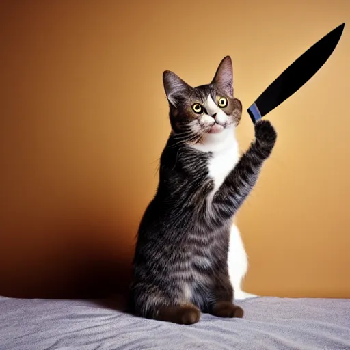 Prompt: a cat holding a knife, professional photography