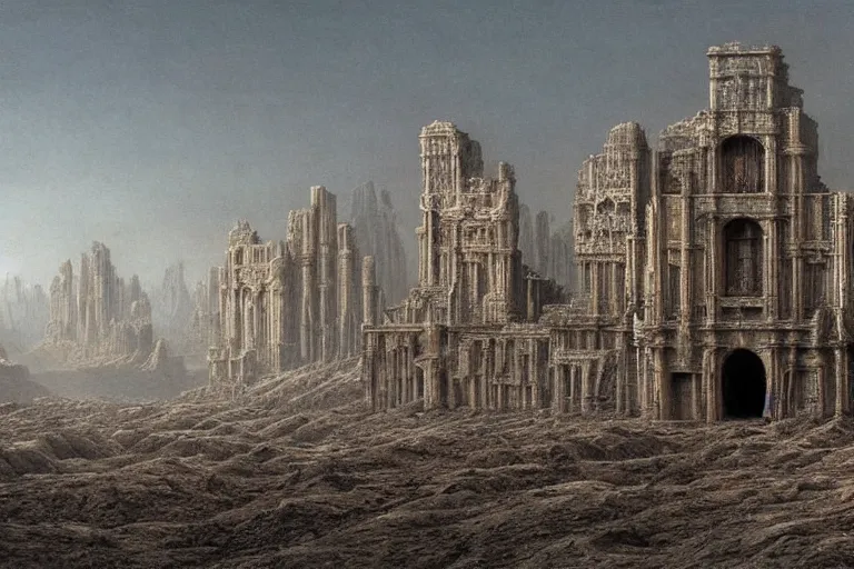 Image similar to intricate, 3 d, endless wastes vast desert abandoned buildings, style by caspar david friedrich and wayne barlowe and ted nasmith