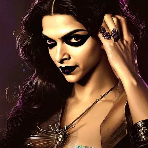 Image similar to beautiful young deepika padukone as catwoman, closeup, d & d, fantasy, intricate, elegant, highly detailed, digital painting, artstation, concept art, matte, sharp focus, illustration, art by artgerm and greg rutkowski and alphonse mucha