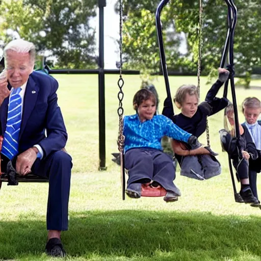 Image similar to Joe Biden rides a swing set while disappointed children watch him