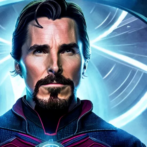 Image similar to film still of Christian Bale as Doctor Strange in Avengers Endgame