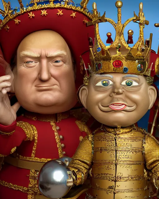 Image similar to highly detailed closeup, face profile portrait of a tin toy donald trump as king henry viii, depth of field, fashion photoshoot by nicoletta ceccoli, mark ryden, lostfish, dan decarlo, bob clampett, max fleischer, breathtaking, detailed and intricate environment, 8 k resolution, hyperrealistic, octane render