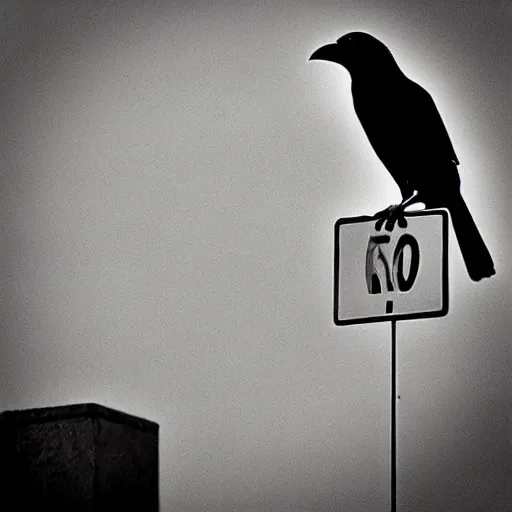 Prompt: “ a crow with the head of Peter Sellers sitting on a stop sign”