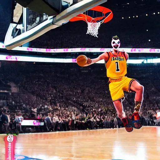 Prompt: photograph of the joker from batman dunking, highlights of the 2 0 1 9 nba slam dunking contest