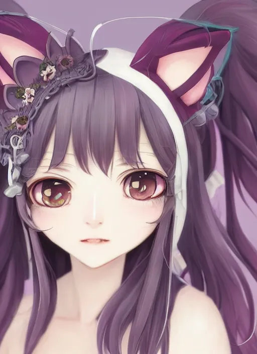 Image similar to nekopara fantastically detailed eyes cute girl portrait with fantastically detailed cat ears!!!!!!!!!!!! dressed like a cat modern anime style, made by Laica chrose, Mina Petrovic, Ross Tran, WLOP, Ruan Jia and Artgerm, Range Murata and William-Adolphe Bouguereau, Cell shading modern anime trending professional digital art unreal Engine Fantasy Illustration. award winning, Artstation, intricate details, realistic, Hyperdetailed, 8k resolution