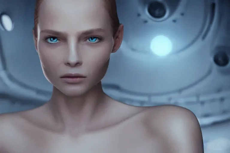 Image similar to VFX movie of a futuristic space woman model gorgeous portrait in inhuman future spaceship, beautiful natural skin natural lighting by Emmanuel Lubezki