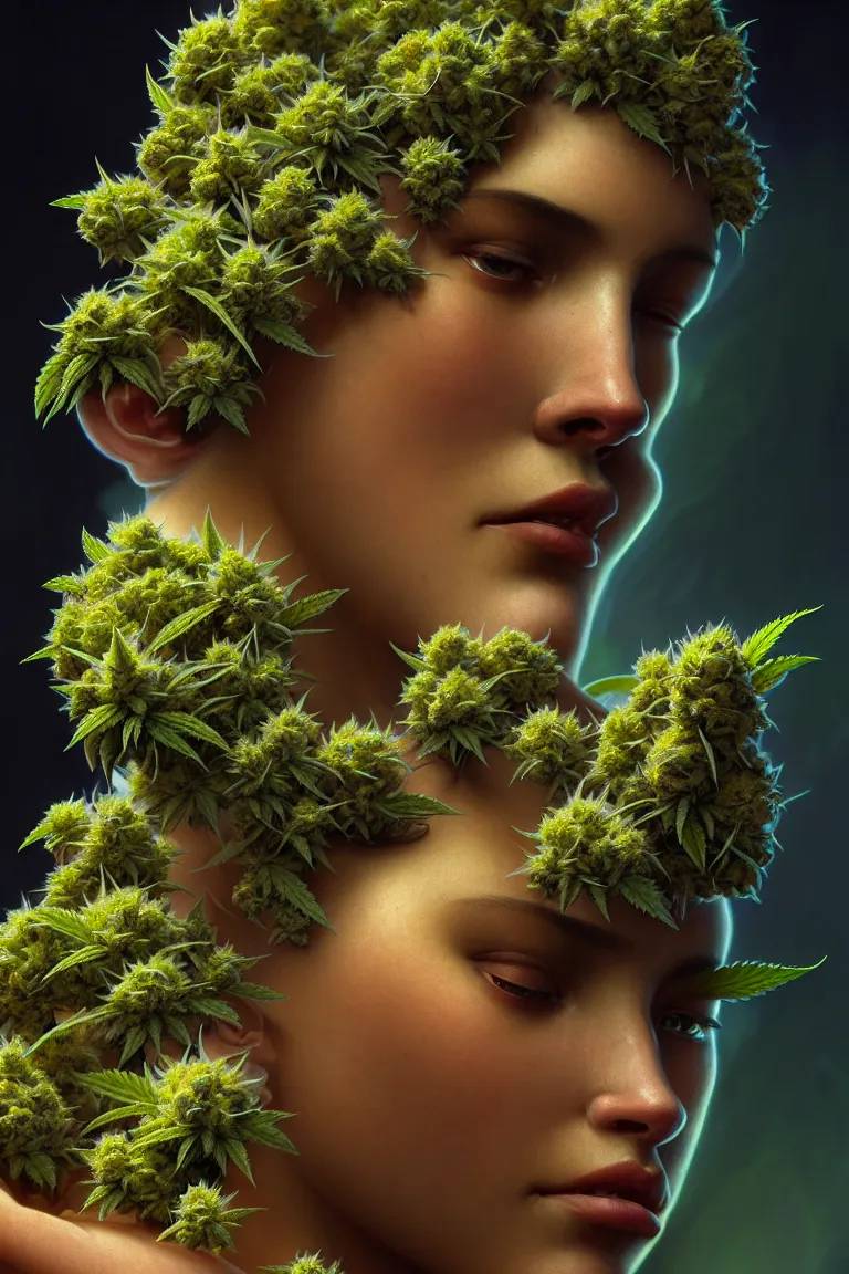 Image similar to epic scale cinematic character concept cinematic 4 k perfect focus closeup macro photography of a marijuana bud showing crystals and trichomes, densely packed buds of weed, high times photography by greg rutkowski alphonse mucha alex grey hr giger artgerm cgsociety artstation by greg rutkowski alphonse mucha android jones max chroma