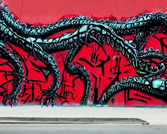 Prompt: 16k footage of a wall that has some lovecraftian graffiti on it inspired by wretched dragon rib cage. lovecraftian graffiti in red and black colors. the art is cursed and ecrusted with jewels.