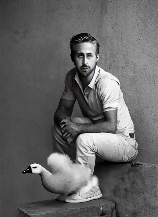 Image similar to ryan gosling fused with a goose, construction, natural light, bloom, detailed face, magazine, press, photo, steve mccurry, david lazar, canon, nikon, focus