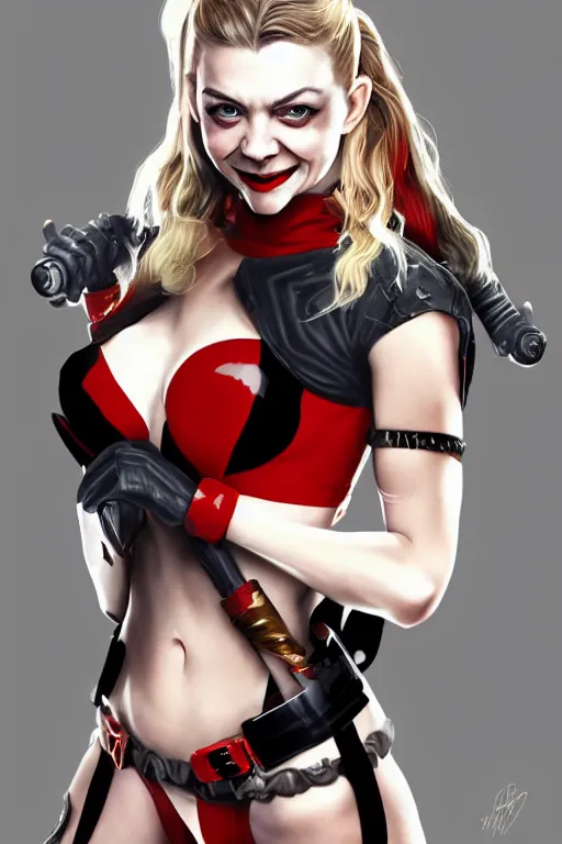 Image similar to A portrait of Natalie Dormer as Harley Quinn in bikini armour, artstation, highly detailed