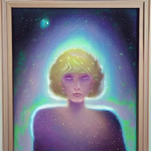 Prompt: a pastel painting of a brooding galactic queen staring at the galaxy outside her giant window