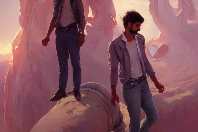 Image similar to Sensual good looking pale young Indian doctors wearing jeans in a space elevator above Earth, portrait, elegant, intricate, digital painting, artstation, concept art, smooth, sharp focus, illustration, art by artgerm and greg rutkowski and alphonse mucha