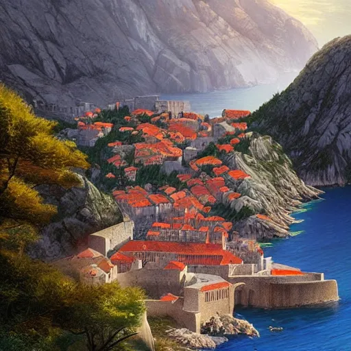 Prompt: dubrovnik in the caucasus mountains, highly detailed, digital painting, artstation, concept art, sharp focus, illustration, art by artgerm and greg rutkowski and raphael lacoste and magali villeneuve