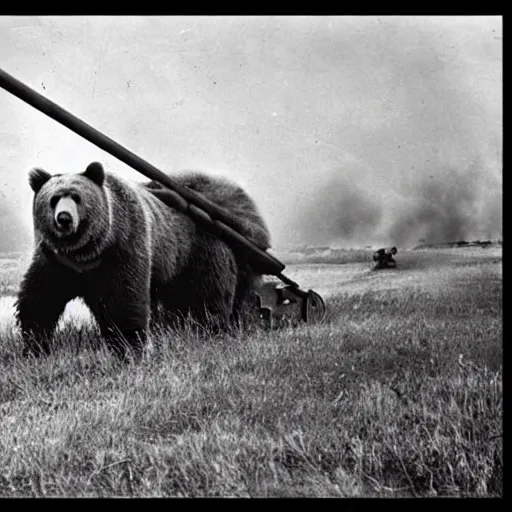 Prompt: a picture of a enormous bear pulling a towed canon behind him, eastern front, ww 2, historical picture