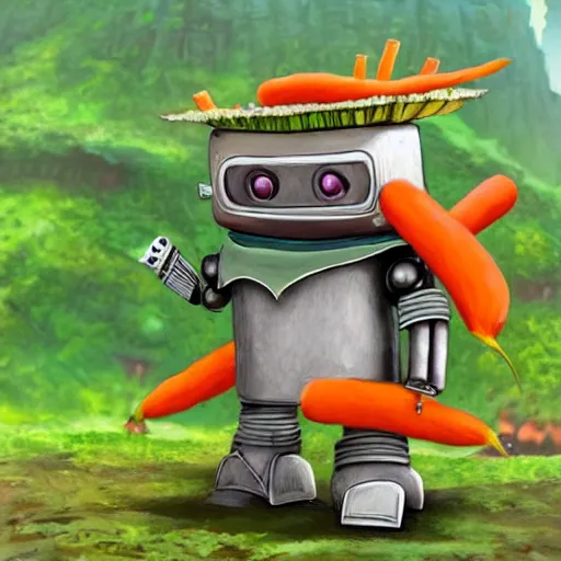 Prompt: robot made of vegetables with big avocado hat and a carrot sword, made in abyss style