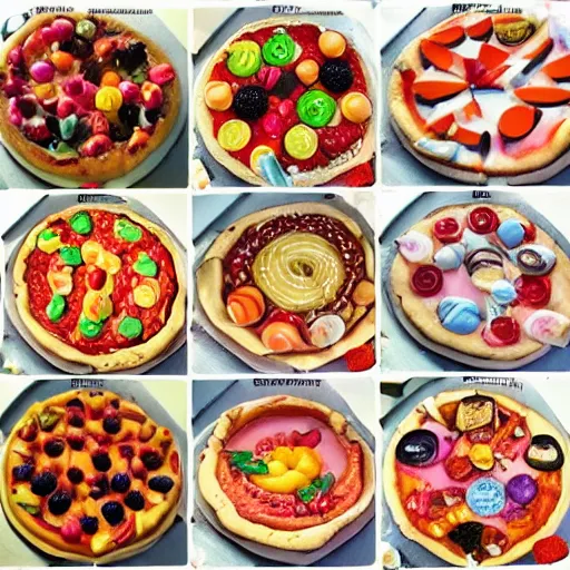 Prompt: a 🍕 🍭🍑🍬🍟🥥🍫🍄🧁🍩 ( ( mega - pizza ) ) made of 🍦🍡🍰🍇🍯🍮🍹🧁