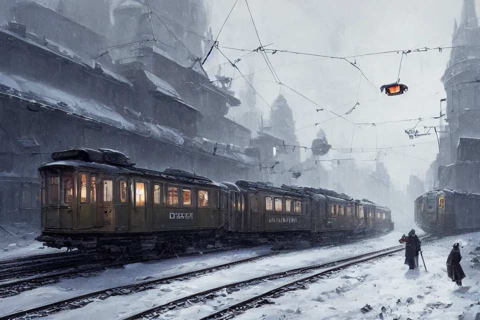 Image similar to highly detailed painting of dieselpunk stockholm, winter, snow, tram on rail tracks, dystopia, by greg rutkowski, by raphael lacoste, 4 k resolution, trending on artstation