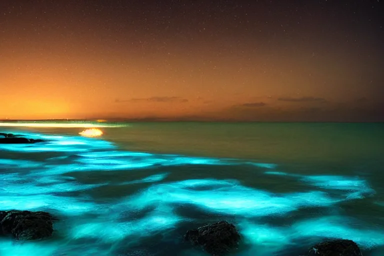 Image similar to bioluminescent waves, beach, night, landscape, relax atmosphere, magic atmosphere, photo realistic