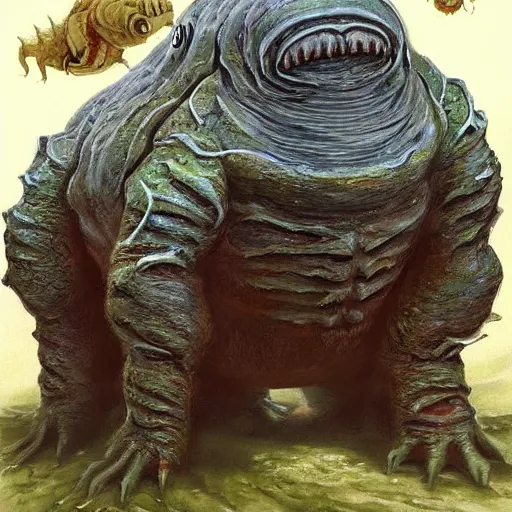 Image similar to realistic painting of a tardigrade kaiju, with 6 legs, by james gurney, smiley, godzilla, vintage, concept art, winner