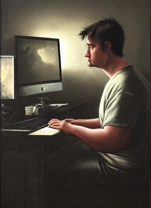 Prompt: insanely detailed chiaroscuro image of a exhausted - looking slightly fat casually - dressed programmer guy on his knees facing his glowing ultrawide computer monitor monitor begging it for forgiveness, oil on canvas, masterwork, fine detail, trending on artstation, emotive, insanely compelling, ryden, koons, moebius