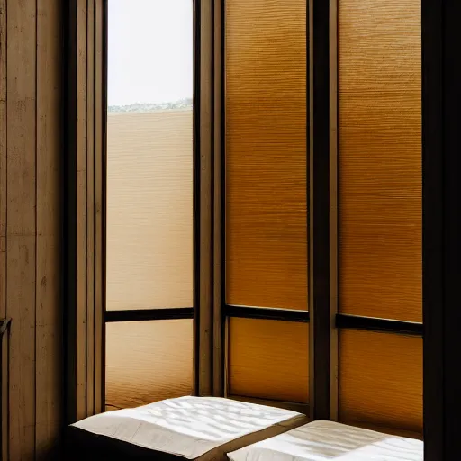 Prompt: interior desing magazine photo of a big window with a wooden frame to sit on, some sandy yellow pillows, great architecture, ambient light, 8k